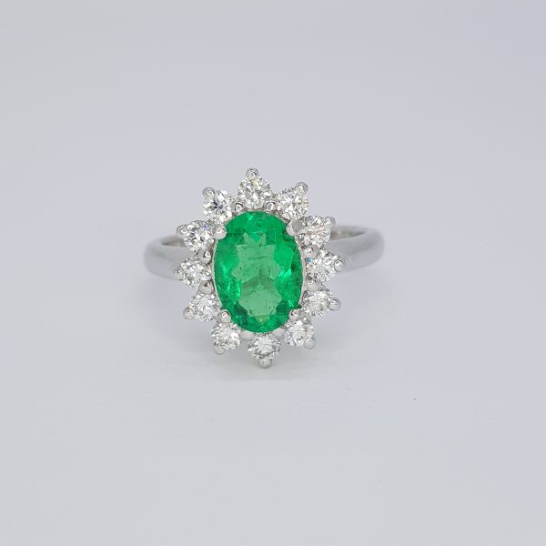 1.38ct Emerald and Diamond Oval Cluster Ring in 18ct White Gold