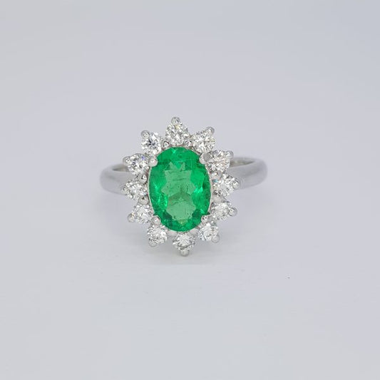 1.38ct Emerald and Diamond Oval Cluster Ring in 18ct White Gold