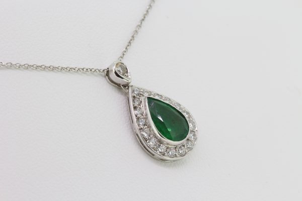 1.70ct Pear Cut Emerald and Diamond Cluster Pendant with Chain