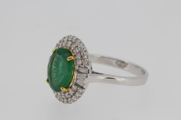 Contemporary 2.20ct Emerald and Diamond Oval Cluster Ring in 18ct White Gold