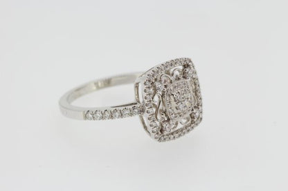 Decorative Diamond Cluster Ring in 18ct White Gold; central square-shaped diamond cluster with diamond surround, accented with white gold scrolls and diamond accents, all within outer diamond halo