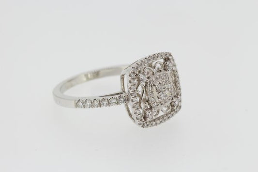 Decorative Diamond Cluster Ring in 18ct White Gold; central square-shaped diamond cluster with diamond surround, accented with white gold scrolls and diamond accents, all within outer diamond halo