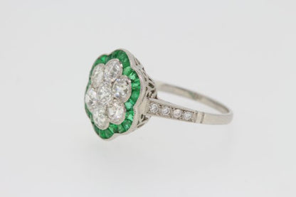 Contemporary Emerald and Diamond Floral Cluster Ring in Platinum