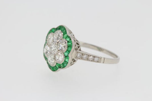 Contemporary Emerald and Diamond Floral Cluster Ring in Platinum