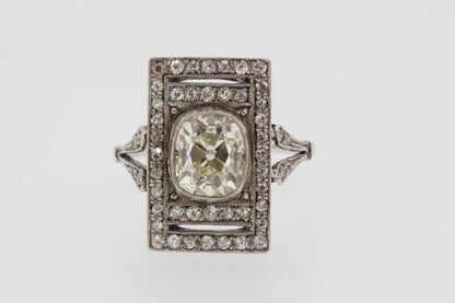 Art Deco 2.35ct Old Cut Diamond Plaque Dress Ring; rectangular cluster ring featuring a central diamond with diamond border and diamond set split shoulders