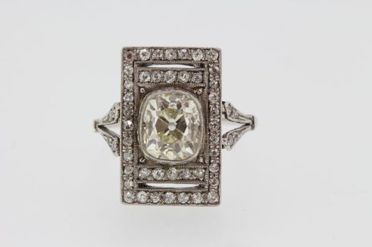 Art Deco 2.35ct Old Cut Diamond Plaque Dress Ring; rectangular cluster ring featuring a central diamond with diamond border and diamond set split shoulders