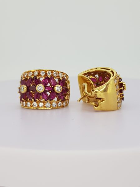 Vintage 1970s Ruby and Diamond Floral Creole Earrings in 18ct Yellow Gold