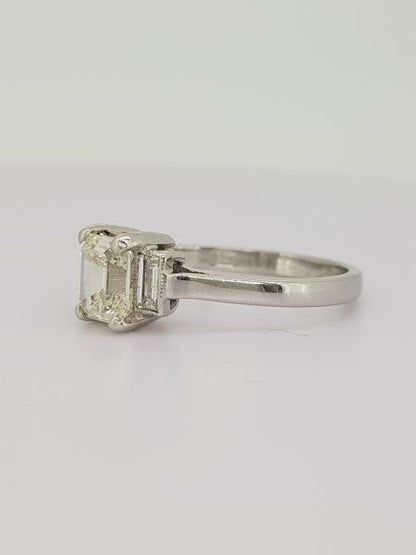1.03ct Emerald Cut Diamond Ring with Baguette Diamond Shoulders in 18ct white gold