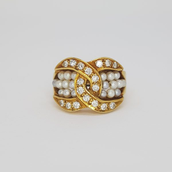 Pearl and Diamond Crossover Ring in 18ct yellow gold