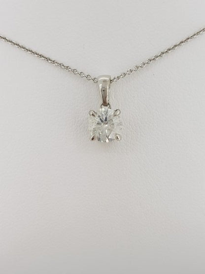 Single Stone Diamond Solitaire Pendant; featuring a certified 1.05 carat F colour SI2 clarity round brilliant-cut diamond, four claw set in 18ct white gold