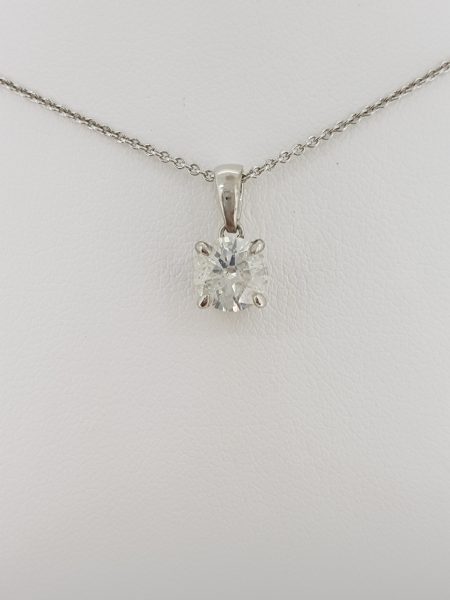 Single Stone Diamond Solitaire Pendant; featuring a certified 1.05 carat F colour SI2 clarity round brilliant-cut diamond, four claw set in 18ct white gold