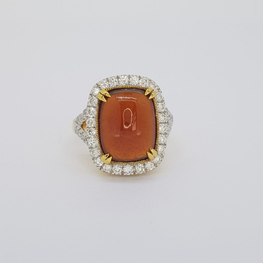Cabochon Garnet and Diamond Cluster Ring in 18ct Yellow Gold