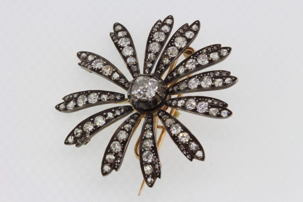 Antique Victorian Old Cut Diamond Flower Brooch Pendant, 1.30 carats