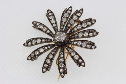 Antique Victorian Old Cut Diamond Flower Brooch Pendant, 1.30 carats