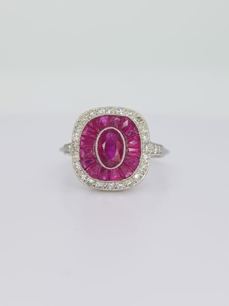 Ruby and Diamond Cluster Target Ring in Platinum