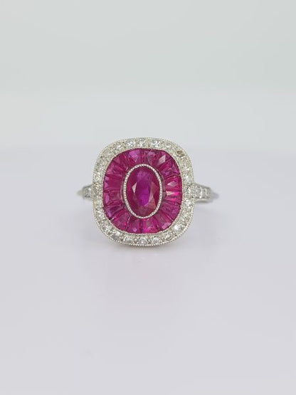 Ruby and Diamond Cluster Target Ring in Platinum