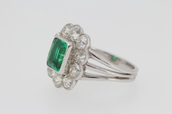 2.20ct Colombian Emerald and Old Cut Diamond Cluster Ring in 18ct White Gold