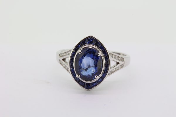 1.40ct Sapphire and Diamond Navette Shaped Cluster Ring