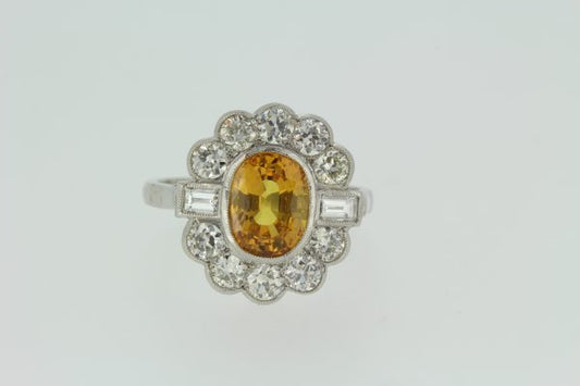 Yellow Sapphire and Diamond Floral Cluster Ring in Platinum 2.50 carats
