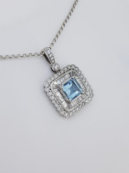 Aquamarine and Baguette Diamond Pendant