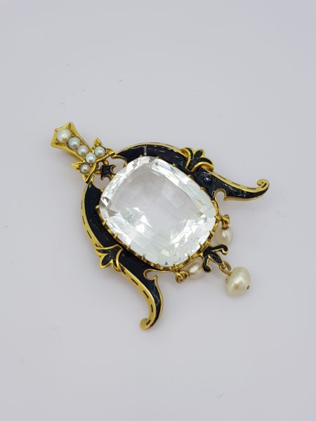 Antique Victorian White Topaz, Pearl, Black Enamel and Gold Pendant, Circa 1880