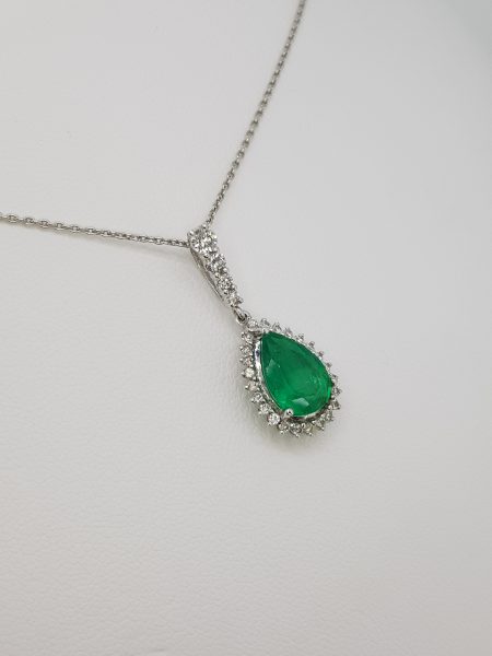 1.60ct Emerald and Diamond Cluster Pear Shaped Pendant
