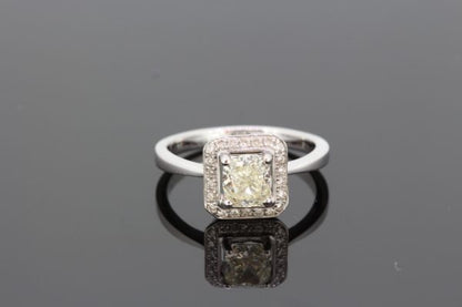 Cushion Cut Diamond Square Shaped Halo Cluster Ring in 18ct White Gold, 1.03 carats