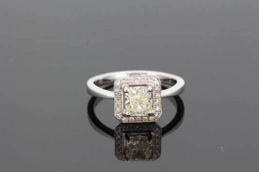 Cushion Cut Diamond Square Shaped Halo Cluster Ring in 18ct White Gold, 1.03 carats