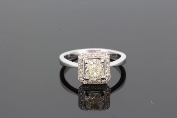 Cushion Cut Diamond Square Shaped Halo Cluster Ring in 18ct White Gold, 1.03 carats