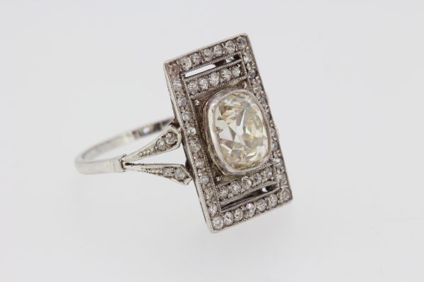 Art Deco 2.35ct Old Cut Diamond Plaque Dress Ring; rectangular cluster ring featuring a central diamond with diamond border and diamond set split shoulders