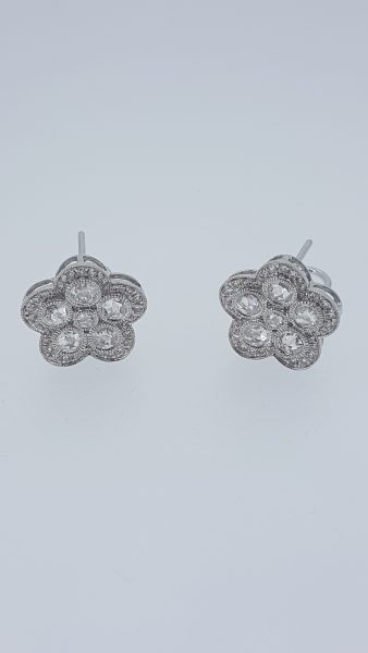 Diamond Flower Cluster Earrings; modern pair of diamond floral cluster earrings set with rose-cut and brilliant-cut diamonds, in 18ct white gold