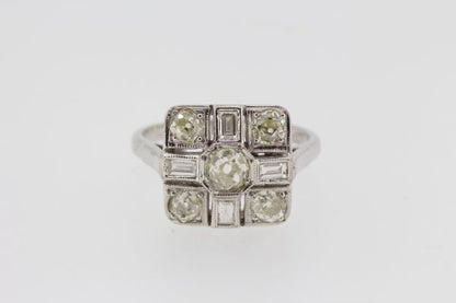 Baguette and Old Cut Diamond Cluster Square Shaped Dress Ring