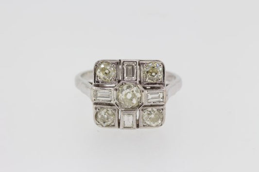 Baguette and Old Cut Diamond Cluster Square Shaped Dress Ring