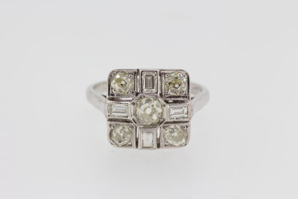 Baguette and Old Cut Diamond Cluster Square Shaped Dress Ring