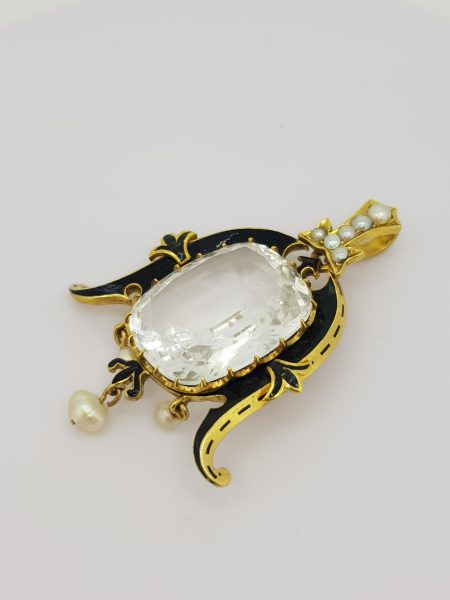 Antique Victorian White Topaz, Pearl, Black Enamel and Gold Pendant, Circa 1880