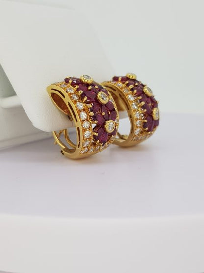 Vintage 1970s Ruby and Diamond Floral Creole Earrings in 18ct Yellow Gold