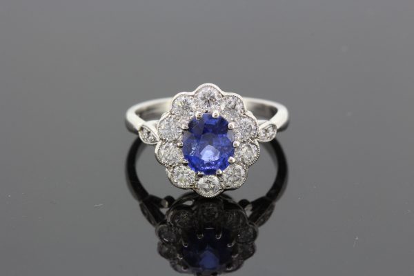1.65ct Oval Cut Sapphire and Diamond Cluster Ring in Platinum