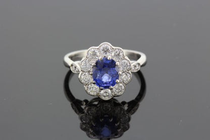 1.65ct Oval Cut Sapphire and Diamond Cluster Ring in Platinum
