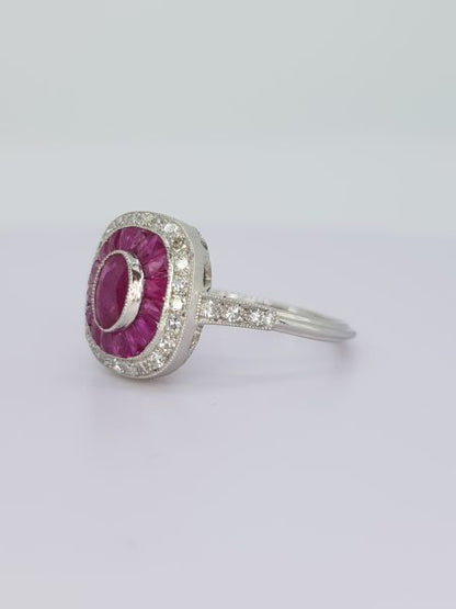 Ruby and Diamond Cluster Target Ring in Platinum