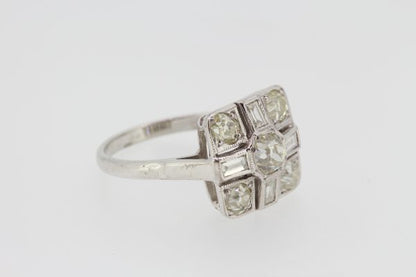 Old Cut Diamond Cluster Ring; square shaped head with central old cut diamond surrounded by four old-cut diamonds alternated with baguette-cut diamonds, in 18ct white gold