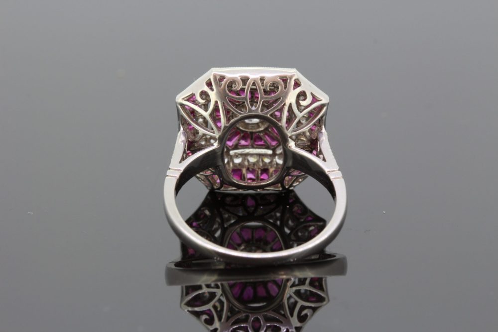 Art Deco Style Ruby and Diamond Cluster Dress Ring in Platinum