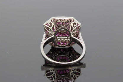 Art Deco Style Ruby and Diamond Cluster Dress Ring in Platinum