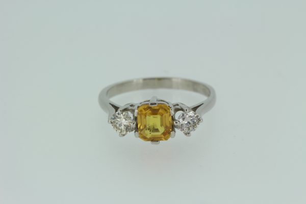 1.25ct Yellow Sapphire and Diamond Three Stone Ring in Platinum