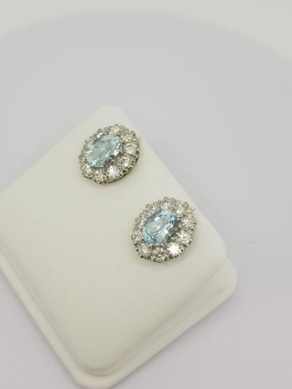 Aquamarine and Diamond Oval Cluster Stud Earrings, 2.50 carats
