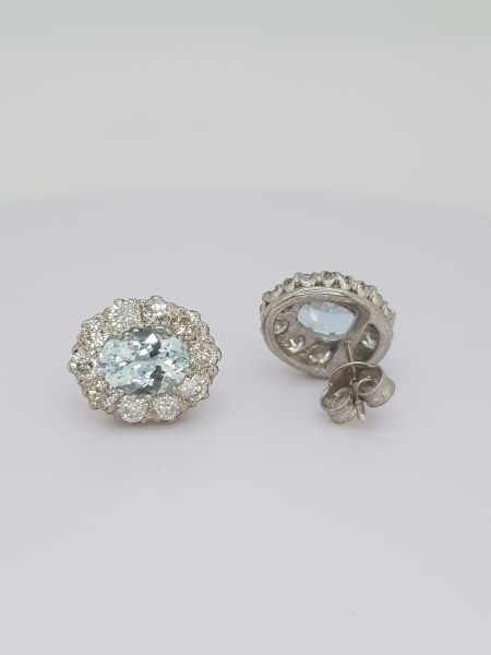 2.50ct Aquamarine and Diamond Oval Cluster Stud Earrings
