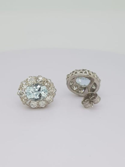 2.50ct Aquamarine and Diamond Oval Cluster Stud Earrings