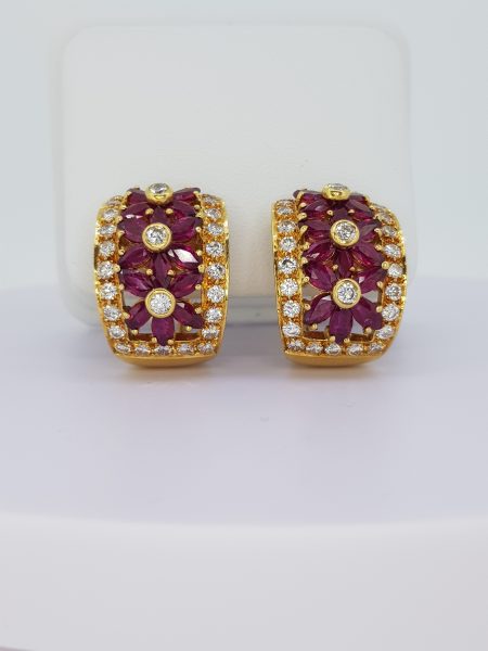Vintage 1970s Ruby and Diamond Floral Creole Earrings in 18ct Yellow Gold