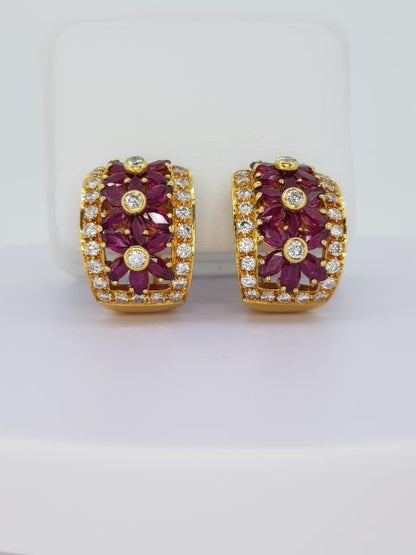 Vintage 1970s Ruby and Diamond Floral Creole Earrings in 18ct Yellow Gold