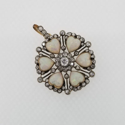 Antique Edwardian Opal Hearts and Old Cut Diamond Pendant come Brooch