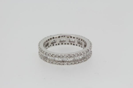 Baguette and Brilliant Cut Diamond Full Eternity Ring, 1.50 carat total, central row of baguette-cut diamonds flanked top and bottom by brilliant-cut diamonds, in 14ct white gold